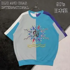 90s 半袖 ニット 刺繍ロゴ クレイジーパターン バイカラー レトロ 日本製のサムネイル