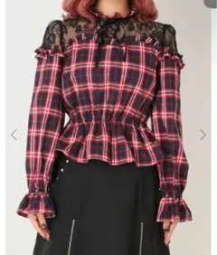 Ank Rouge シャツ ブラウス レース切り替えプルオーバー チェック柄