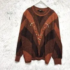 レトロ総柄刺繍ニット L ブラウン デザインセーター 古着 ヴィンテージ風