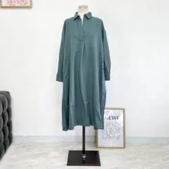 新品 シャツワンピース グリーン 無地 レイヤード 体型カバー 女性 シンプル