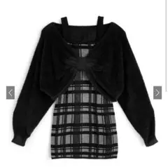 リボンシャギートップス×チェック柄キャミソールミニワンピースニットセットアップ