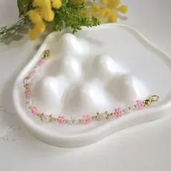 【B-146】桜色ビーズブレスレット ハンドメイド\pink×white/
