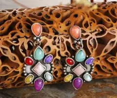 多色ターコイズ　ドロップピアス