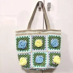 (手編み)青＆黄バラ　モチーフ編み　トートバッグ