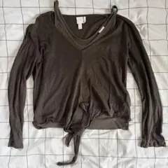 H&M 長袖 リネン混 フロントタイ トップス ブラウン Sのサムネイル