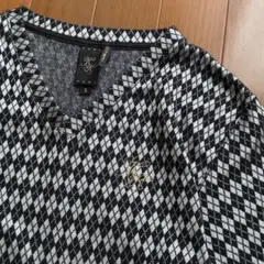日本製カールカナイKARL KANI光沢アーガイル柄VネックTシャツSメンズ古着のサムネイル