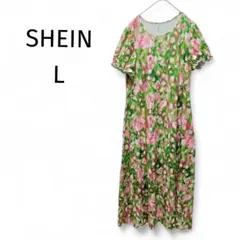 美品 SHEIN フラワープリント 半袖 ロングワンピース Lサイズ