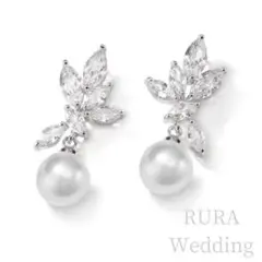 高品質パールピアス★キュービックジルコニア★上品ブライダルウェディング新品リーフ