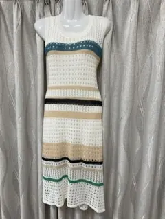 透かし編み ニットワンピース ノースリーブ ボーダー柄 サイズF インナー付