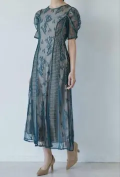 ラグナムーン　パネルレースワンピース　グリーン　ボレロ付き
