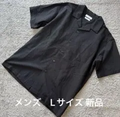 メンズ ポケット付エンボスドライオープンカラー半袖シャツ黒L新品