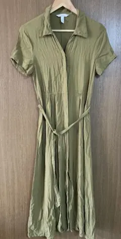 訳あり　H&M シャツ　ロングワンピース カーキ 半袖 ロング丈 ウエストリボン