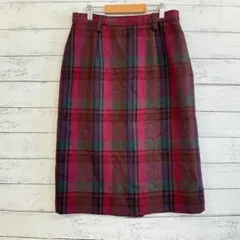 チェック柄ウールスカート 日本製 秋冬 M〜L相当 上品 レッド 体型カバー
