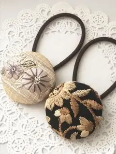 インド刺繍 くるみボタン38㎜ ヘアゴム 2個セット ㉗