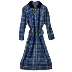 大幅値下げ!!チェック ロングワンピース ブルー グリーン リボン ウール100