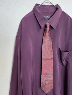 ネクタイシャツ　長袖シャツ　紫　赤ネクタイ　大きめサイズ　レトロ