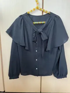 黒 フリルリボンタイブラウス 長袖　Lサイズ　大人　可愛い　ボウタイ　Ｖネック