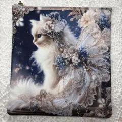 パネルフラットポーチ　猫　レース模様　D