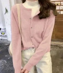 ピンク ニットカーディガン 長袖