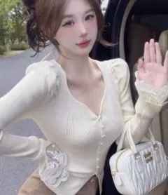 DIAVEL パール付きレースニットトップス　カーディガン