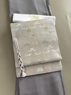 西陣織 北出与三郎 本袋帯 桐竹鳳凰文 ごく淡い灰藤ピンク 絹+金銀糸 極美品