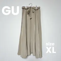 【GU】XL ベージュ フレアロングスカート リボン付き