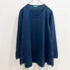 サイドレース切替 チュニック風ニット【F】ネイビー