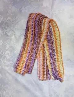 手編みストライプ細マフラー(オレンジ・紫)