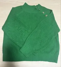 グリーン ボタン付きハイネックセーター L