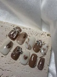 ブラウン系リボン・ハートネイルチップ ネイルチップ マグネットネイル