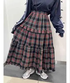 WC　ダブルシー チェックティアードロングスカート　ブラックのサムネイル