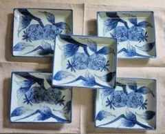 【有田焼　祥玉窯】　青白磁　柘榴柄　角皿　銘々皿　5枚揃