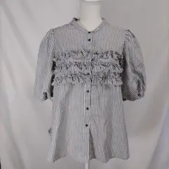 フリルブラウス ストライプ グレー ホワイト L パフスリーブ