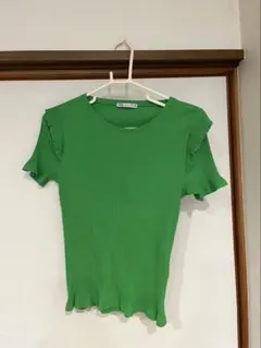 ZARA ザラ フリル付き半袖リブTシャツ　カットソー　Lサイズ　緑グリーン