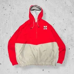 90sカレッジ中綿アノラックパーカーハーフジップナイロンジャケット赤ベージュ古着
