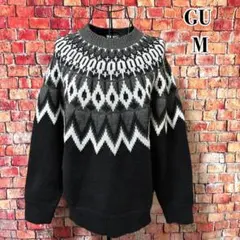 GU☆ウール混　フェアアイル柄 長袖セーター　ニット　厚手　ブラック系　M