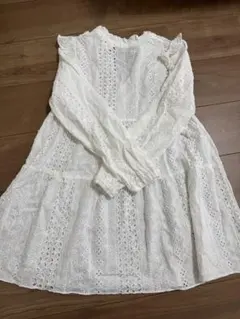 ホワイト レース 長袖ブラウス フリルネック