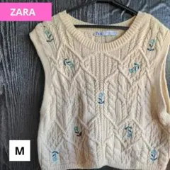 ZARA オフホワイト フラワー 刺繍 ニットベスト