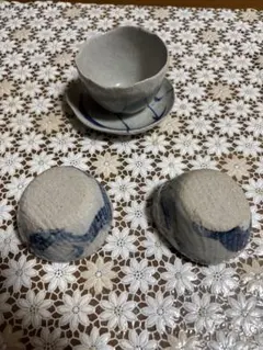 笠間焼　呉須の湯飲みセットとぐい呑み