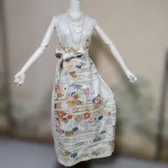 C965.着物リメイク、振り袖花柄刺繍リボン付きロングドレス