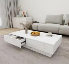 ローテーブル 大理石柄　センターテーブル 引き出し収納　120×55 ホワイト