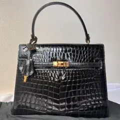 美品 DALUVANI クロコ ハンドバッグ シャイニングクロコ ブラック
