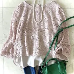 美品 アナイ レース ドッキングブラウス フレアスリーブ ピンク 七分袖 38