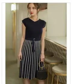 tocco ストライプ切替ニットワンピース