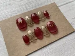 ネイルチップ　クリスマス　赤　レッド　リボン