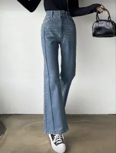 ハイウエスト ブーツカットデニムライトブルー