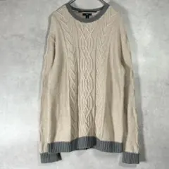 GAP ケーブルニット L アイボリー グレー 配色 リンガーネック 綿100%