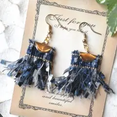 再販47　フリンジ　青　ネイビー　ピアス　イヤリング　タッセル　アクセサリー　秋