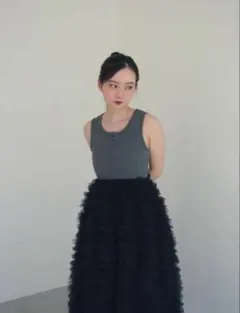 カット ドッキング フリル チュール ワンピ 黒 グレー