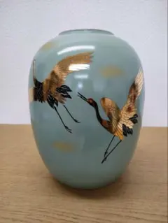 青色 陶器 花瓶 鶴デザイン　九谷　インテリア